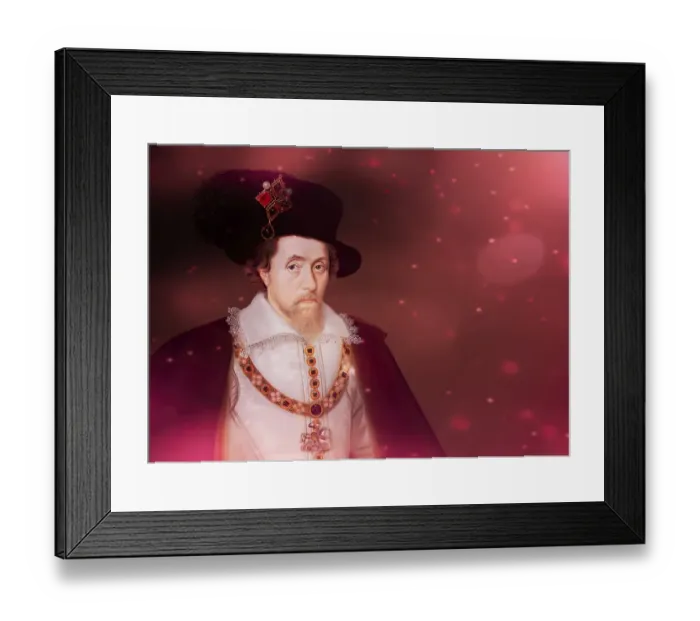 Framed Print : James VI and I, James Charles Stuart, 1566 - 1625, King of England, Scotland and Ireland, digitally edited after a painting by John de Critz
