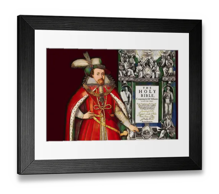 Framed Print : James VI and I, James Charles Stuart, 1566 - 1625, King of England, Scotland and Ireland, Frontispiece to the King James Bible, 1611, digitally edited
