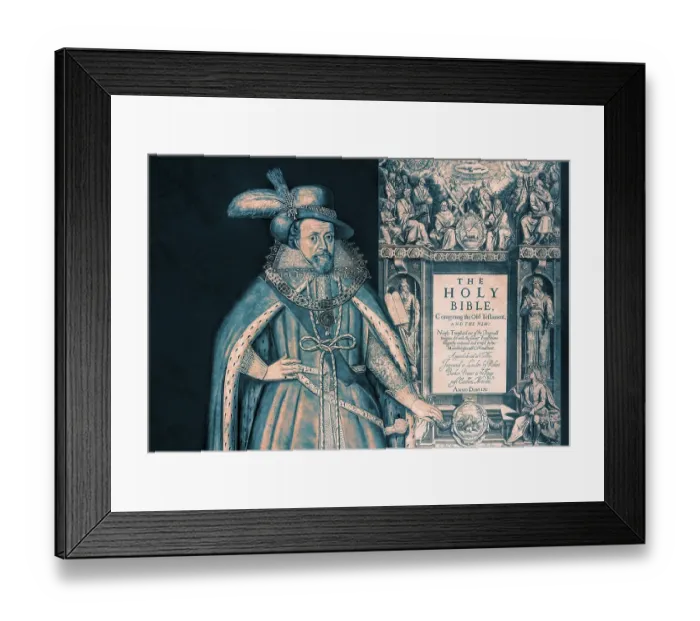Framed Print : James VI and I, James Charles Stuart, 1566 - 1625, King of England, Scotland and Ireland, Frontispiece to the King James Bible, 1611, digitally edited