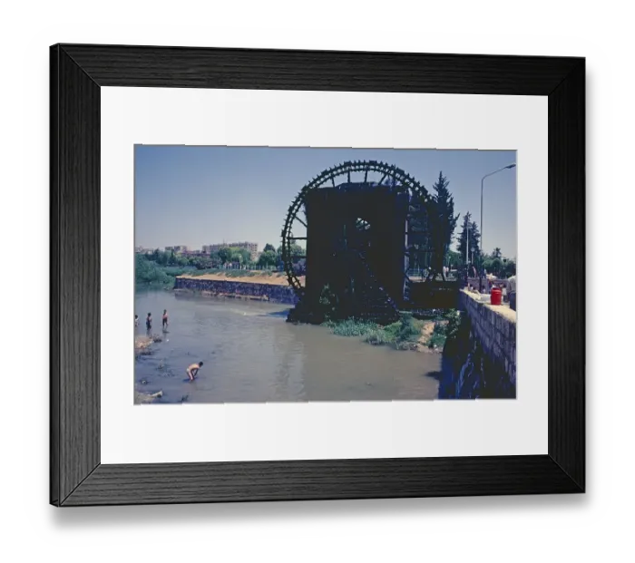 Framed Print : Water wheel, Noria, Hama, Orontes River, Hama Governorate, Syria, May 1987, vintage, retro, old, historic, Asia