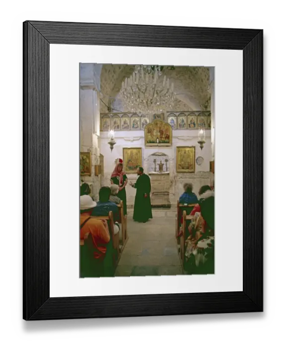Framed Print : Priest, believers, Greek Catholic Church, mass, Sergius Monastery, Mar Sarkis Monastery, Maalula rock village, Rif Dimashq governorate, Syria, May 1987, vintage, retro, old, historical, Asia