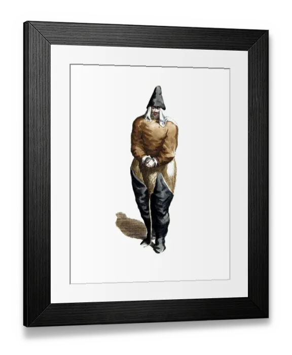 Framed Print : Historical clothing, fashion in the course of time, clothing of a fisherman from Greenland in 1626, digitally restored reproduction of a model from the 18th / 19th century, exact date unknown, man in dark costume with large black hat