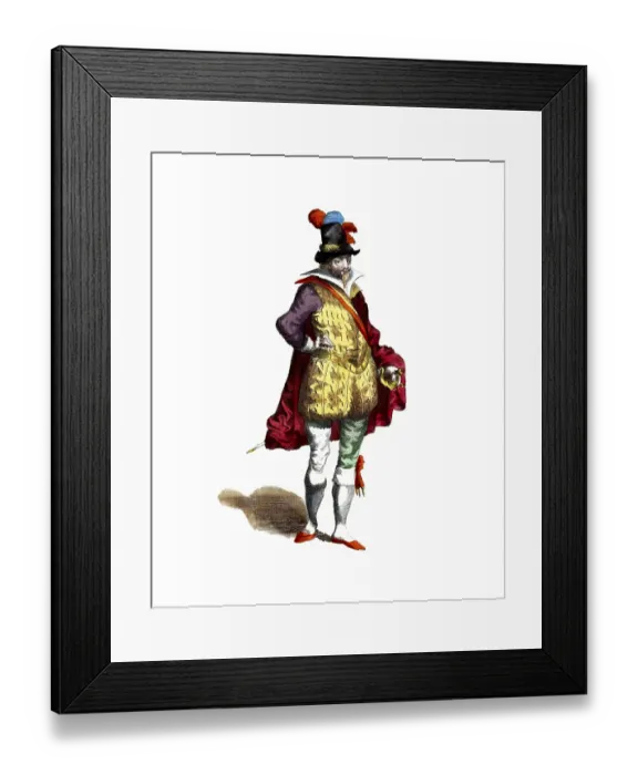Framed Print : Historical clothing, fashion over time, clothing of a French nobleman in 1626, France, digitally restored reproduction of an 18th / 19th century model, exact date unknown, costumed man in yellow-red outfit with striking hat, Europe