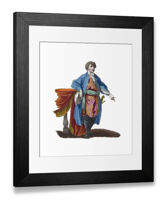 Framed Print : Historical clothing, fashion in the course of time, clothing of a man from Georgia in 1760, digitally restored reproduction of a model from the 18th / 19th century, exact date unknown, man in traditional clothing with blue coat and red accessory