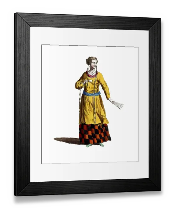 Framed Print : Historical clothing, fashion through the ages, traditional costume of a noble Tartar woman, around 1667, digitally restored reproduction of a model from the 18th / 19th century, exact date unknown, woman in yellow dress with checked skirt