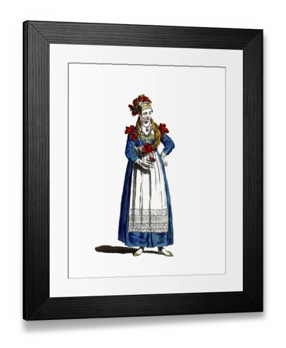 Framed Print : Historical clothing, fashion over time, traditional costume of a woman from the island of Chio in 1700, Greece, digitally restored reproduction of a model from the 18th / 19th century, exact date unknown, woman in blue dress with white apron Framed Print : Historical clothing, fashion over time, traditional costume of a woman from the island of Chio in 1700, Greece, digitally restored reproduction of a model from the 18th / 19th century, exact date unknown, woman in blue dress with white apron