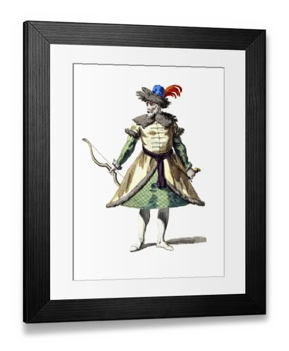 Framed Print : Historical clothing, fashion over time, clothing of a Moscow officer in 1577, Russia, digitally restored reproduction of a model from the 18th / 19th century, exact date unknown, medieval dressed archer with fur cape and bow