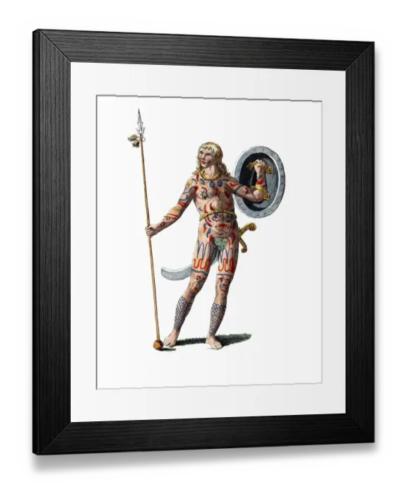 Framed Print : Historical clothing, fashion over time, clothing of a Picts around 1757, Scotland, digitally restored reproduction of an 18th / 19th century model, exact date unknown, A painted warrior in exotic clothing with spear and shield and tattoo