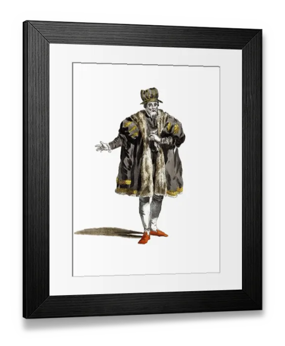 Framed Print : Historical clothing, fashion over time, clothing of a Leipzig senator in 1577, Germany, digitally restored reproduction of an 18th / 19th century model, exact date unknown, man in historical costume with fur coat and cap on white background, Europe