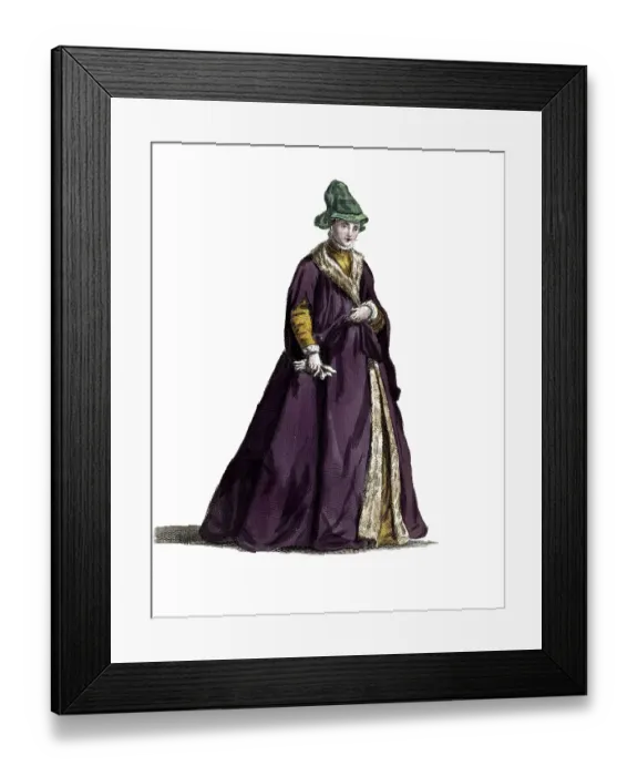 Framed Print : Historical clothing, fashion in the course of time, clothing of a noble lady from Sweden, around 1580, digitally restored reproduction of a model from the 18th / 19th century, exact date unknown, woman in simple dark purple dress with green hat