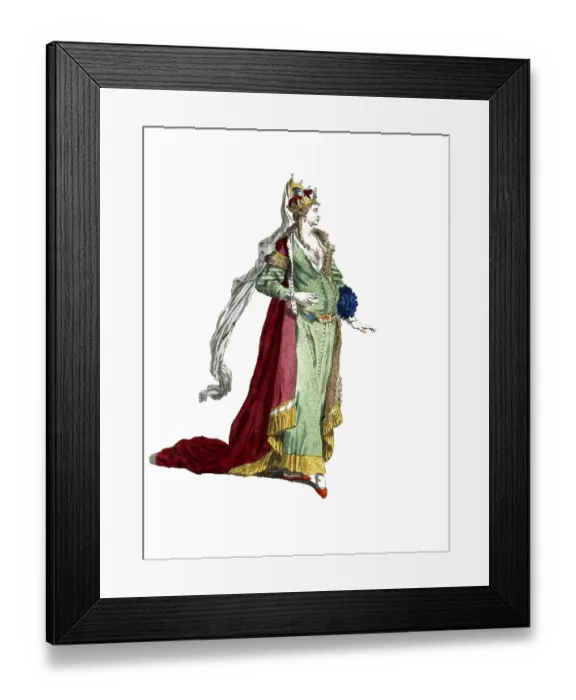 Framed Print : Historical clothing, fashion over the course of time, clothing of a Tartar princess, 1700, digitally restored reproduction of a model from the 18th / 19th century, exact date unknown, queen in a green dress with red cape, looks majestic and elegant