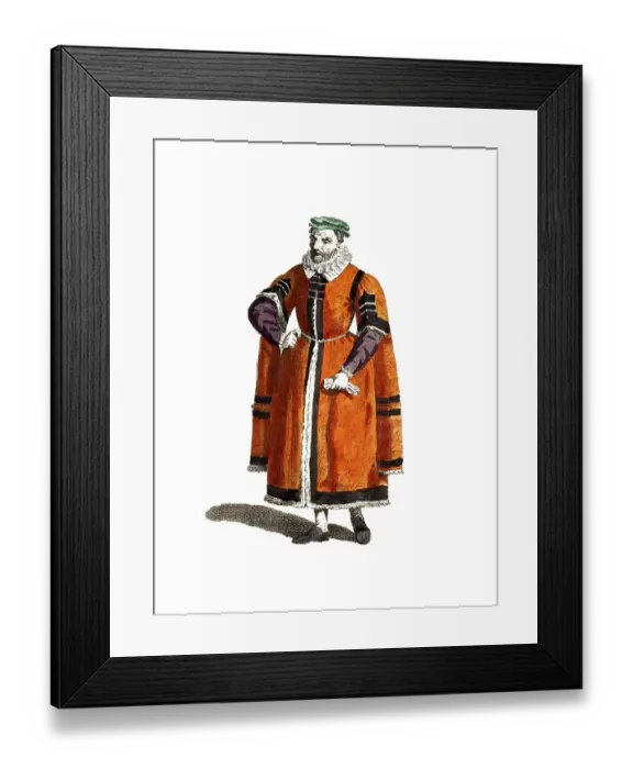 Framed Print : Historical clothing, fashion over time, traditional costume of a wealthy merchant in London in 1588, England, digitally restored reproduction of a model from the 18th / 19th century, exact date unknown, man in red robe and green cap