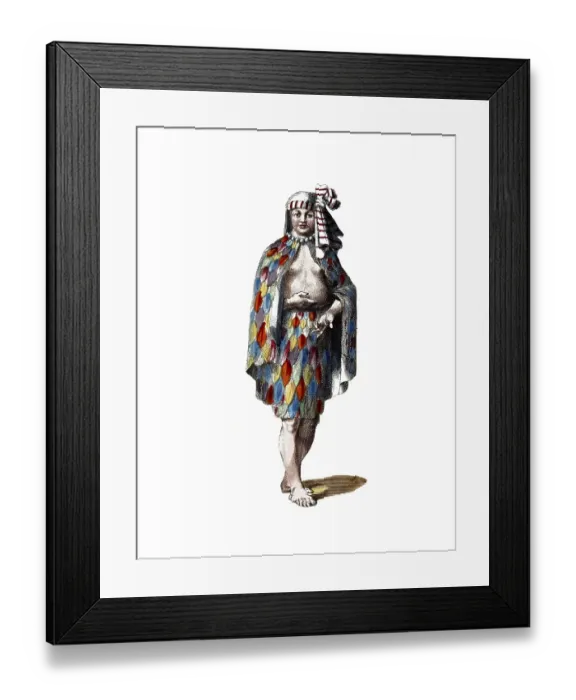 Framed Print : Historical clothing, fashion in the course of time, traditional costume of a woman from Mexico from 1625, digitally restored reproduction of a model from the 18th / 19th century, exact date not known, man in colourful feather costume and striped cap