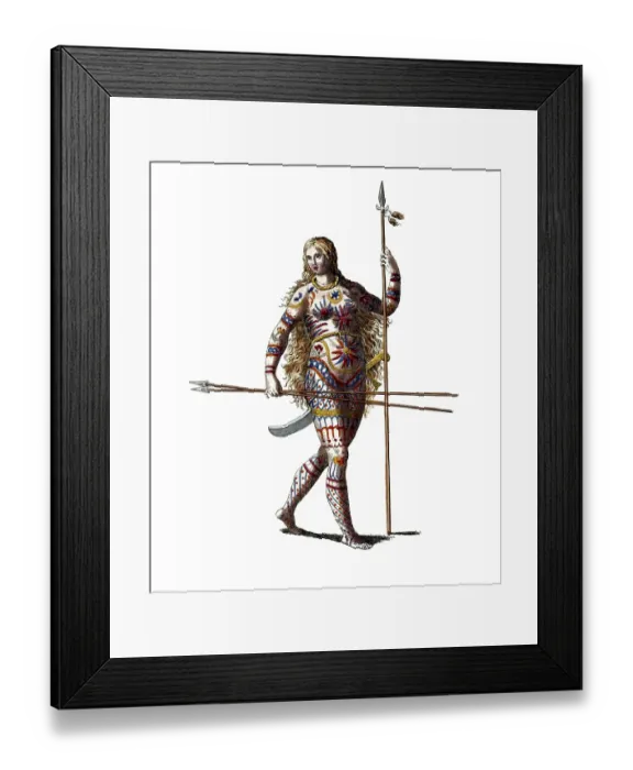 Framed Print : Historical clothing, fashion over time, clothing of a woman of the Picts, indigenous people in Scotland, digitally restored reproduction of a model from the 18th / 19th century, exact date unknown, warrior woman with spears in elaborate armour