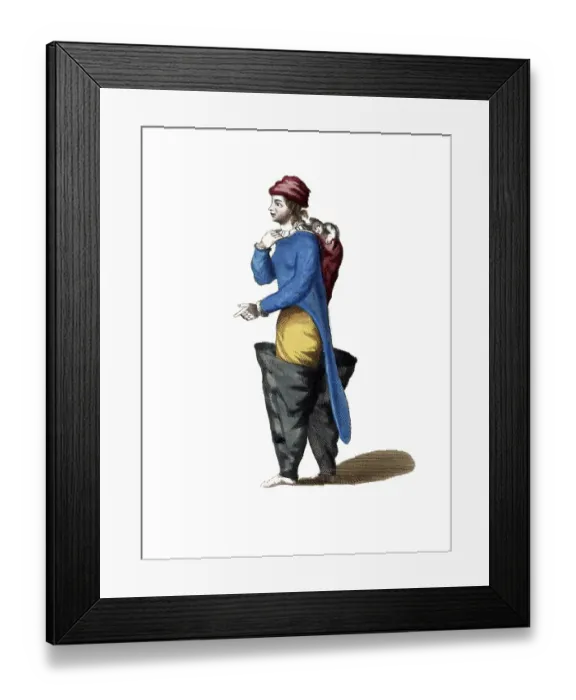 Framed Print : Historical clothing, fashion over time, clothing of an Eskimaux Indian woman from Labrador in 1766, digitally restored reproduction of an 18th / 19th century model, exact date unknown, man with child on his back in traditional clothing