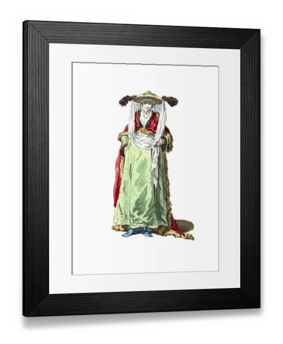 Framed Print : Historical clothing, fashion over time, clothing of the Greek sultana in 1749, digitally restored reproduction of a model from the 18th / 19th century, exact date unknown, elegant woman in traditional oriental traditional costume with headdress