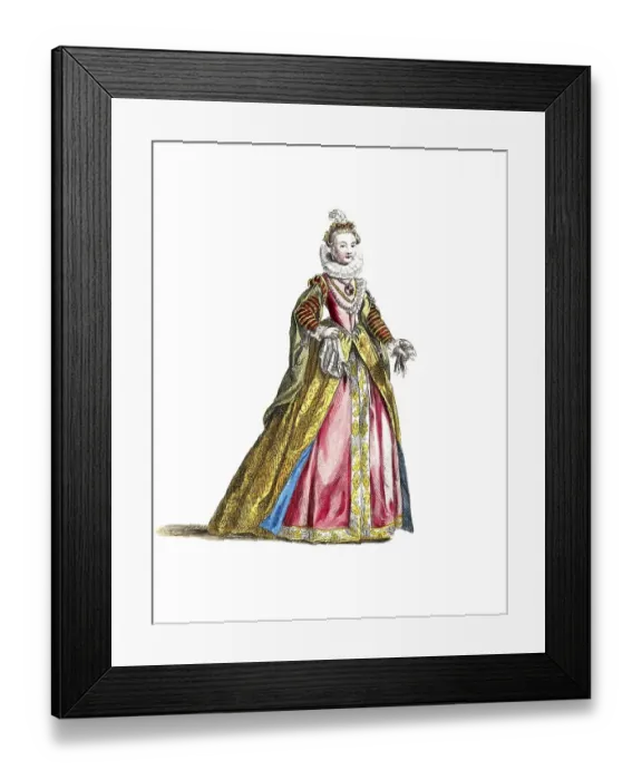 Framed Print : Historical clothing, fashion through the ages, clothing of the Infanta of Spain in 1568, digitally restored reproduction of a model from the 18th / 19th century, exact date unknown, woman in elegant Renaissance dress with golden embellishments