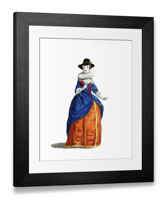 Framed Print : Historical clothing, fashion through the ages, clothing of the Mayoress of London in 1640, digitally restored reproduction of a model from the 18th / 19th century, exact date unknown, Baroque woman in blue and orange striped dress with elegant hat