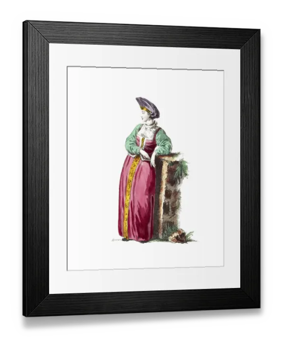 Framed Print : Historical clothing, fashion through the ages, clothing of the woman of a Russian peasant in 1768, digitally restored reproduction of a model from the 18th / 19th century, exact date unknown, woman in simple pink dress with green detail Framed Print : Historical clothing, fashion through the ages, clothing of the woman of a Russian peasant in 1768, digitally restored reproduction of a model from the 18th / 19th century, exact date unknown, woman in simple pink dress with green detail