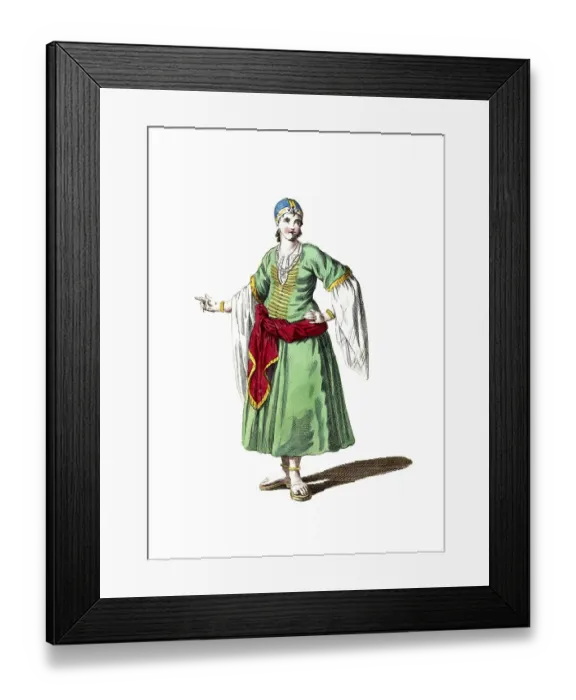 Framed Print : Historical clothing, fashion over time, lady from the Barbary coast in morning dress, 18th century, digitally restored reproduction of an 18th / 19th century model, exact date unknown, man in green traditional dress Framed Print : Historical clothing, fashion over time, lady from the Barbary coast in morning dress, 18th century, digitally restored reproduction of an 18th / 19th century model, exact date unknown, man in green traditional dress