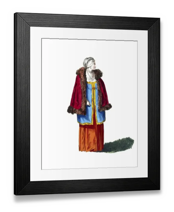 Framed Print : Historical clothing, fashion over time, morning dress of a lady from Russia around 1764, digitally restored reproduction of a model from the 18th / 19th century, exact date unknown, woman in old-fashioned fur coat, wearing blue and red
