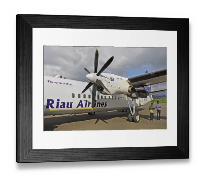 Framed Print : Fokker 50 turboprop, prop jet of the former Riau Airlines, arriving in Labuhan Bajo, Flores, Indonesia, Asia