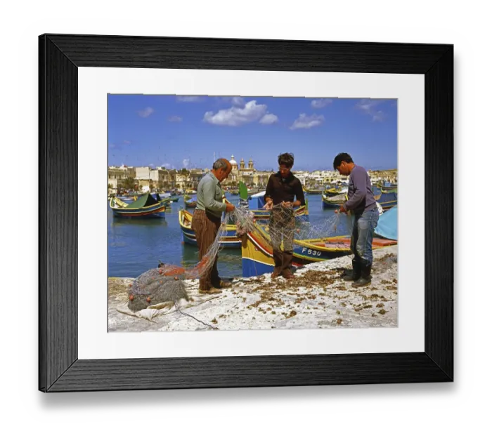 Framed Print : Fishermen checking their nets, harbour of Marsaxlokk, Malta, Europe