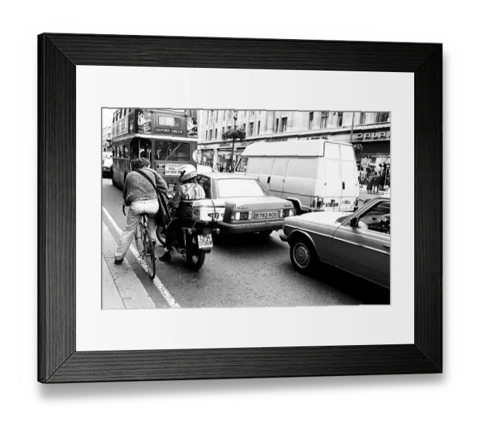 Framed Print : Bicycle bike car tempo and bus on London street England United Kingdom UK 1986 Framed Print : Bicycle bike car tempo and bus on London street England United Kingdom UK 1986