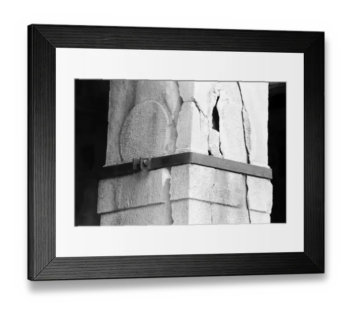 Framed Print : Steel bracket supporting broken pillar Aihole Karnataka India Asia 1985