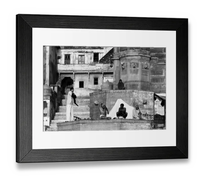 Framed Print : Sadhus praying on Ghats of river Ganges Varanasi Uttar Pradesh India Asia 1982