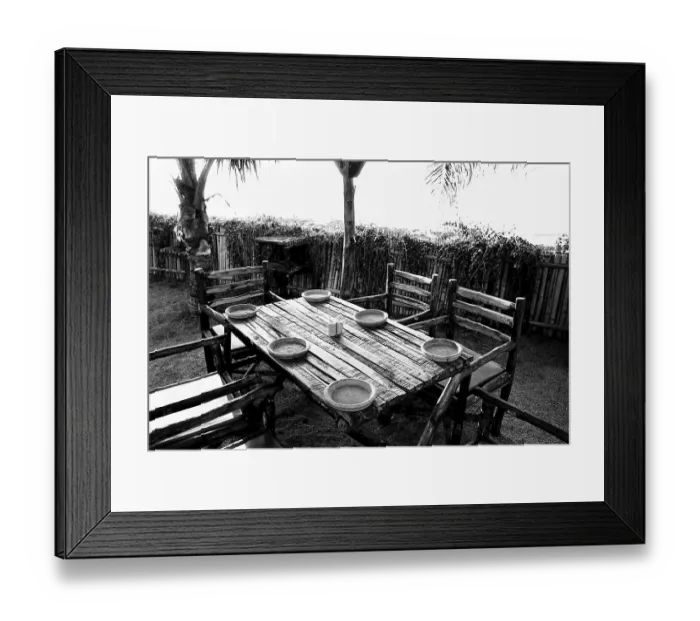 Framed Print : Dining rustic table and chairs for six in restaurant Mumbai Maharashtra India Asia 1982