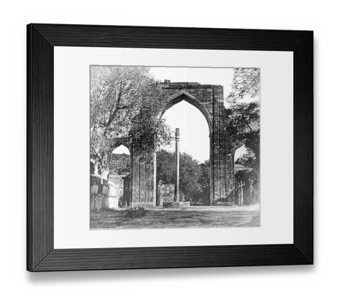 Framed Print : Old vintage lantern slide of iron pillar at qutub minar complex, Delhi, India, Asia