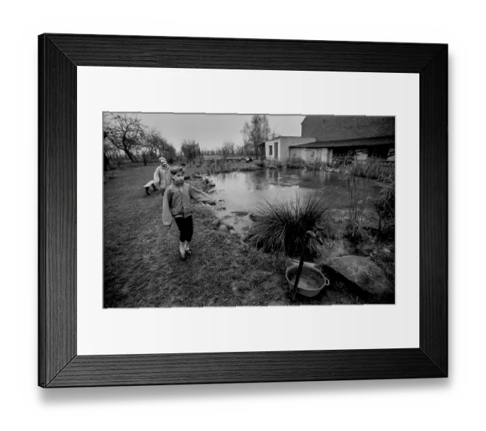 Framed Print : Germany, Kampehl, 01.02.1992, frozen pond, children, water tap, Europe