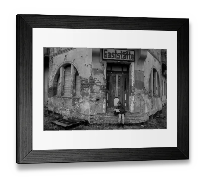 Framed Print : Germany, Berlin, 12 February 1992, closed restaurant in Koepenick, child with book, Europe