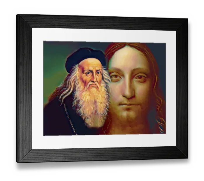 Framed Print : Leonardo da Vinci, 1452 - 1519, Italian painter, sculptor, architect and engineer, the painting Salvator Mundi, Savior of the World, digitally edited