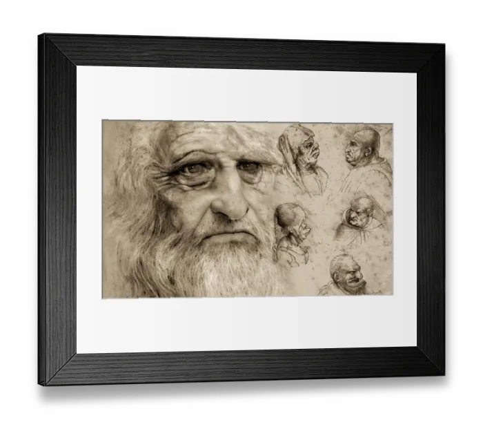 Framed Print : Leonardo da Vinci, 1452 - 1519, Italian painter, sculptor, architect and engineer, his painting Five caricature heads, digitally edited