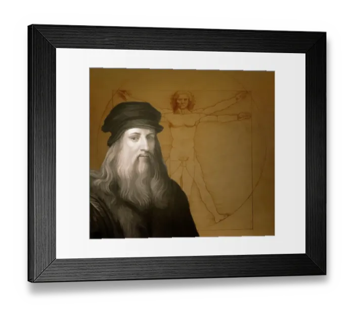 Framed Print : Leonardo da Vinci, 1452 - 1519, Italian painter, sculptor, architect and engineer, the painting The Vitruvian Man, digitally edited
