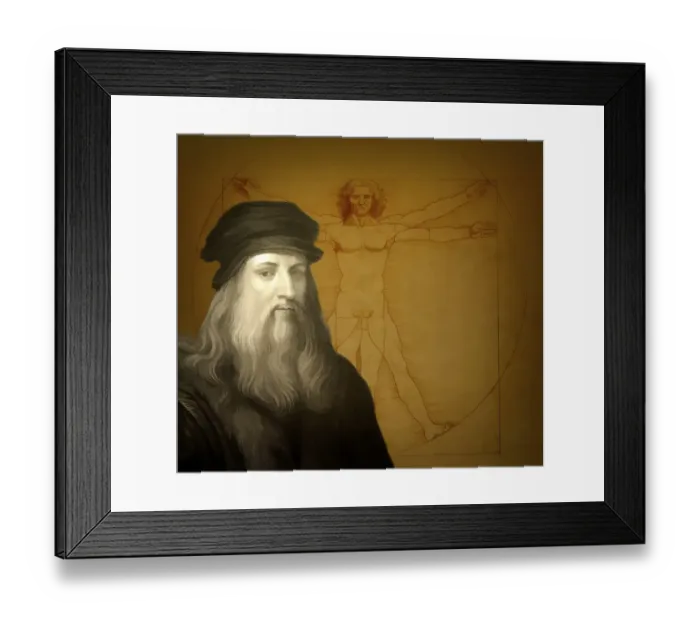 Framed Print : Leonardo da Vinci, 1452 - 1519, Italian painter, sculptor, architect and engineer, the painting The Vitruvian Man, digitally edited