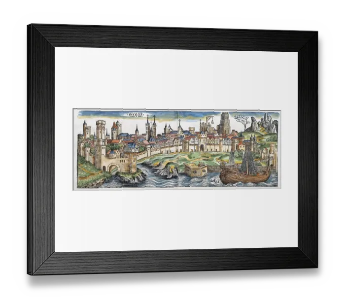 Framed Print : Medieval city view, general view of Cologne or Colonia, old coloured woodcut from: Schedel'sche Weltchronik, Hartmann Schedel 1493