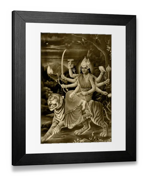 Framed Print : Heritage, old picture pos tcard, 1935 mythology Ambamata on tiger, Bombay Mumbai, Maharas htra, India, As ia