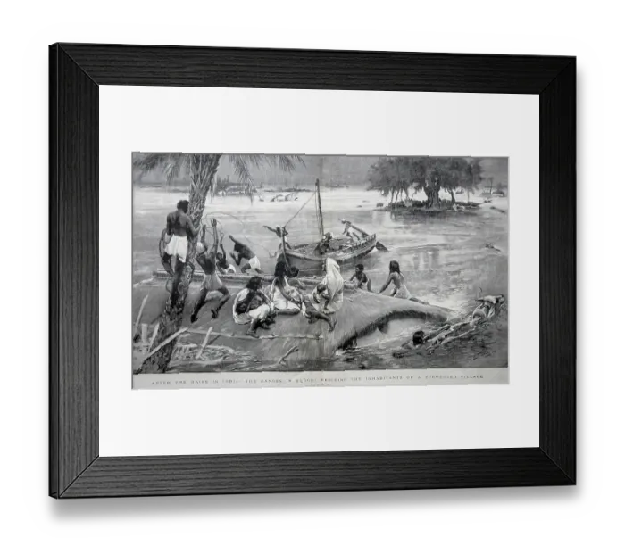 Framed Print : After the rains, the Ganges in flood, res cuing the inhabitants of a submerged village, India, As ia