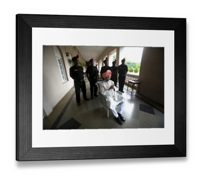 Framed Print : s hrimant Raja saheb Vijays ingh Rao Madhavrao Patwardhan, 4th Rajas aheb of sangli since 1965 sitting in hallway of palace