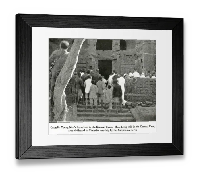 Framed Print : Catholic community young men's excurs ion Kanheri central cave dedicated to Chris tian work Fr. Antonio do Porto, Mumbai