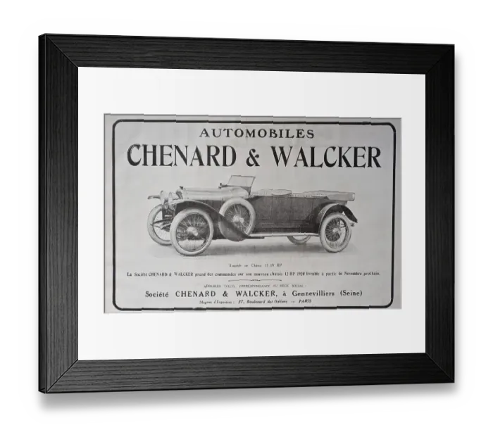 Framed Print : Advertisement for Chenard and Walcker cars. Dating from 1919. Published in the french magazine L illustration Framed Print : Advertisement for Chenard and Walcker cars. Dating from 1919. Published in the french magazine L illustration