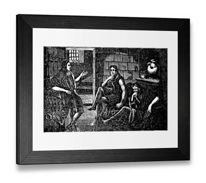Framed Print : The innocent Joseph in prison at Pharaoh's court, dungeon in the cellar, woman of Pothibar accuses Joseph, injustice, lie, cell, group of men, jug of water, First Book of Moses, Egypt, Genesis, woodcut, Christoph Schmid's Biblical History 1831