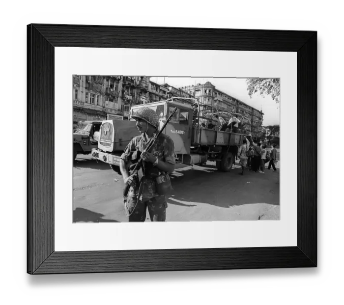 Framed Print : Army personnel were deployed near Mohammed Ali road to prevent rioting after religious fundamentalists demolished the Babri Masjid in Ayodhya in Uttar Pradesh on 6 / 12 / 1992. The rioting continued till January 1993 in Bombay Mumbai, maharashtra, india
