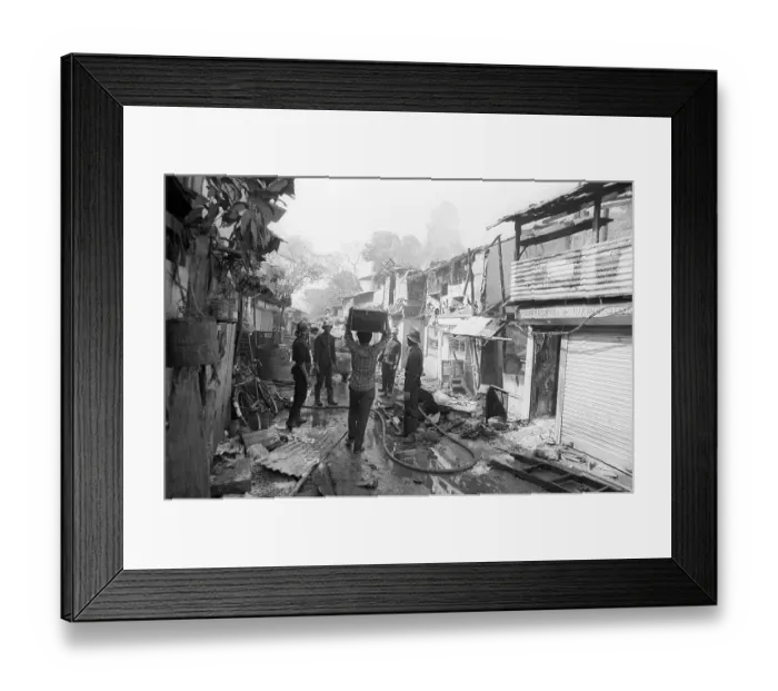Framed Print : Fire Brigade personnel trying to control the fire caused due to riot after religious fundamentalists demolished the Babri Masjid in Ayodhya 6 / 12 / 1992, The rioting continued till January 1993 in Bombay now Bombay Mumbai, Maharashtra, India, Asia
