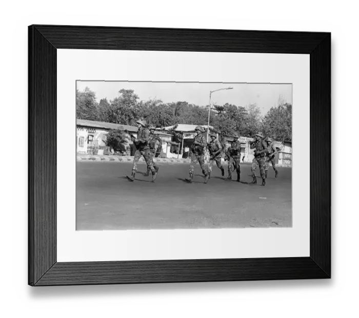 Framed Print : Army personnel & armed police deployed at Beharampada Bandra to prevent rioting after religious fundamentalists demolished the Babri Masjid in Ayodhya in Uttar Pradesh on 6 / 12 /  1992, The rioting continued till Jan1993 in Bombay Mumbai, Maharashtra