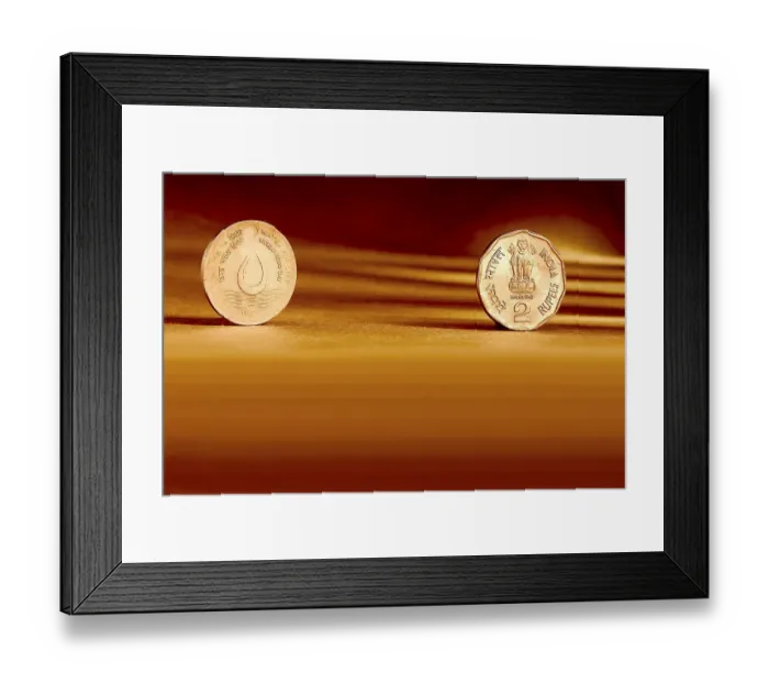 Framed Print : Double pair Indian currency two rupees coin front side and backside manner embossed water for life world food day 1994 on orange background