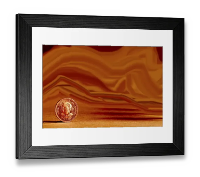 Framed Print : One single Indian currency one rupees coin and artistic background backside embossed Rajiv Gandhi 1944-1991